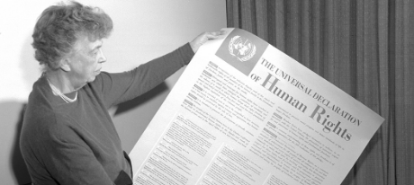 Eleanor Roosevelt of the United States holding a poster of the Universal Declaration of Human Rights. Lake Success, NY, November 1949. (Photo/United Nations)