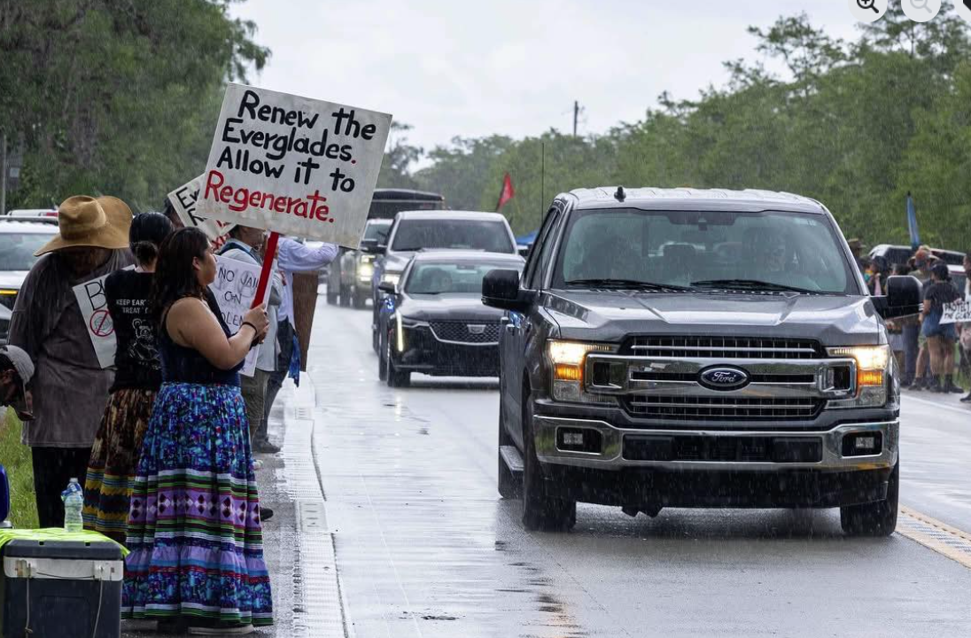 Miccosukee Tribe of Indians of Florida tribal citizens protesting Alligator Alcatraz. (Photo/Facebook)