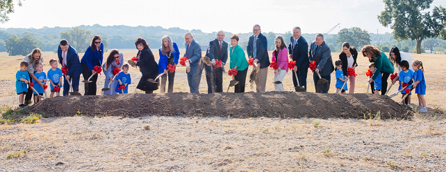 Chickasaw Nation Governor Bill Anoatubby, center, and Lt. Governor Chris Anoatubby are joined by tribal elected officials, Chickasaw Nation education leaders and staff, as well as Chickasaw Nation Ada Child Development students in groundbreaking ceremonies Sept. 8 for the Chickasaw Nation Child Development Center near the Chickasaw Nation Medical Center on the Ada South Campus. (Photo/Chickasaw Nation)
