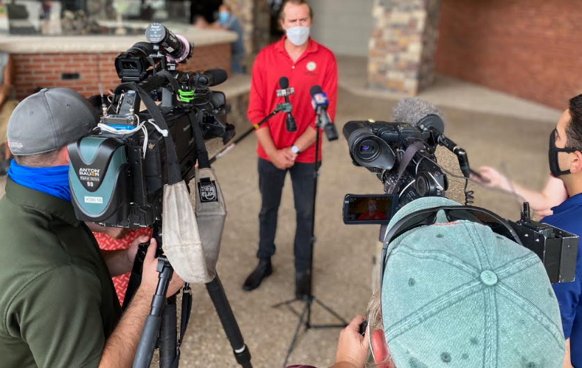 Cherokee Nation Tribal Councilor Wes Nofire speaks to media