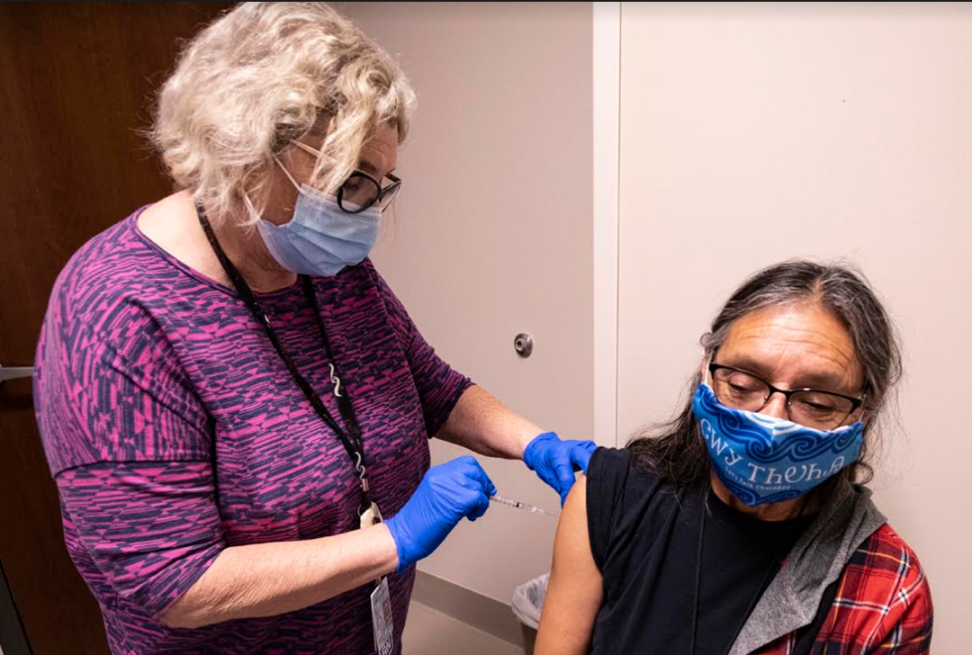 Cherokee Immersion Charter School teacher Betty Frogg was among the first to receive a COVID-19 vaccine when Cherokee Nation Health Services began vaccination efforts in December 2020.. (Photo/Cherokee Nation)