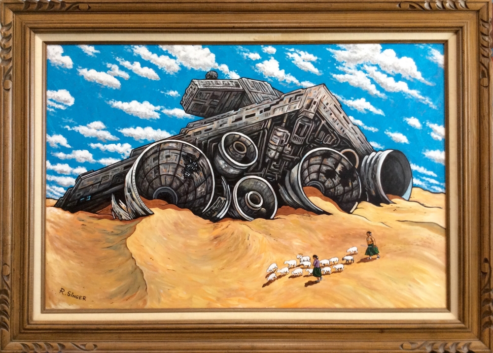 Ryan Singer’s “Fallen Star Destroyer.” In this painting the scene is reminiscent of “Star Wars: The Force Awakens,” featuring a fallen Star Destroyer Imperial battleship in the sand dunes of Jakku. (Ryan Singer)