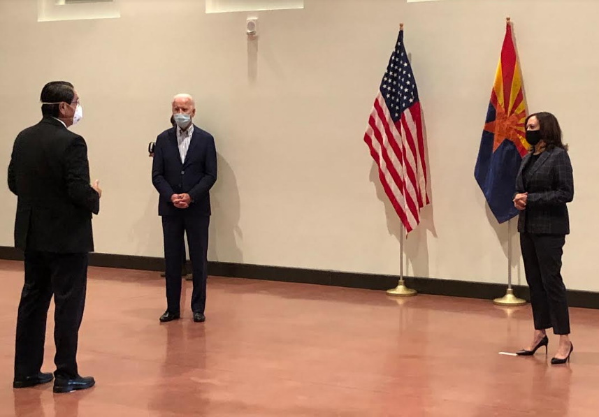 Jonathan Nez with former vice president Joe Biden and vice presidential nominee Sen. Kamala Harris