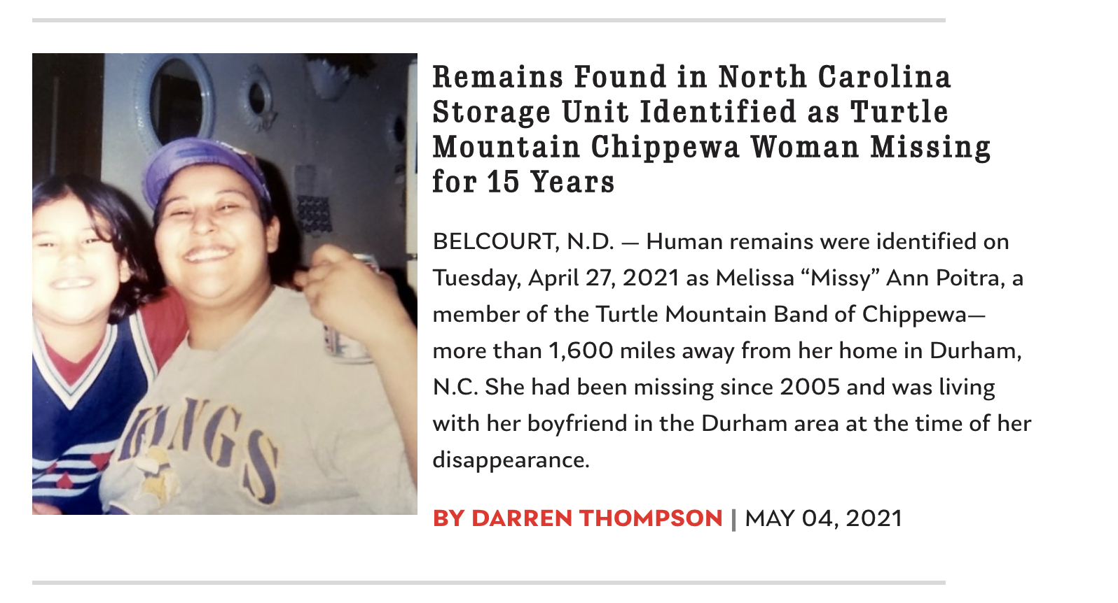 Reporting by Native News Online helped shed light on the story of Melissa "Missy" Ann Poitra and other Missing and Murdered Indigenous Women. (Native News Online website image)