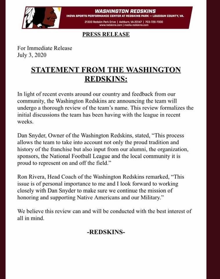 Washington NFL statement July 3