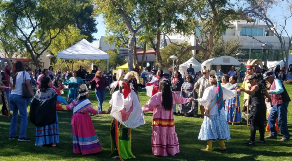 On February 8, 2020, Saturday, tribal royalty doing a social dance with visitors at the Arizona Indian Festival during Scottsdale Western Week. (Photo by Geri Hongeva-Camarillo) On February 8, 2020, Saturday, tribal royalty doing a social dance with visitors at the Arizona Indian Festival during Scottsdale Western Week. (Photo by Geri Hongeva-Camarillo)